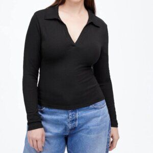 Madewell Top Womens Drapey Rib Long-Sleeve Polo Preppy‎ Basic Staple Black S NEW